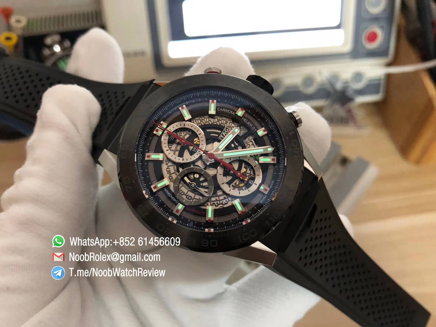 XF Top Replica Tag Heuer Carrera CAL Heuer 01 Chrono PVD Case Skeleton Dial Red Hand Rubber Strap Asain Clone 1887 Movement 09