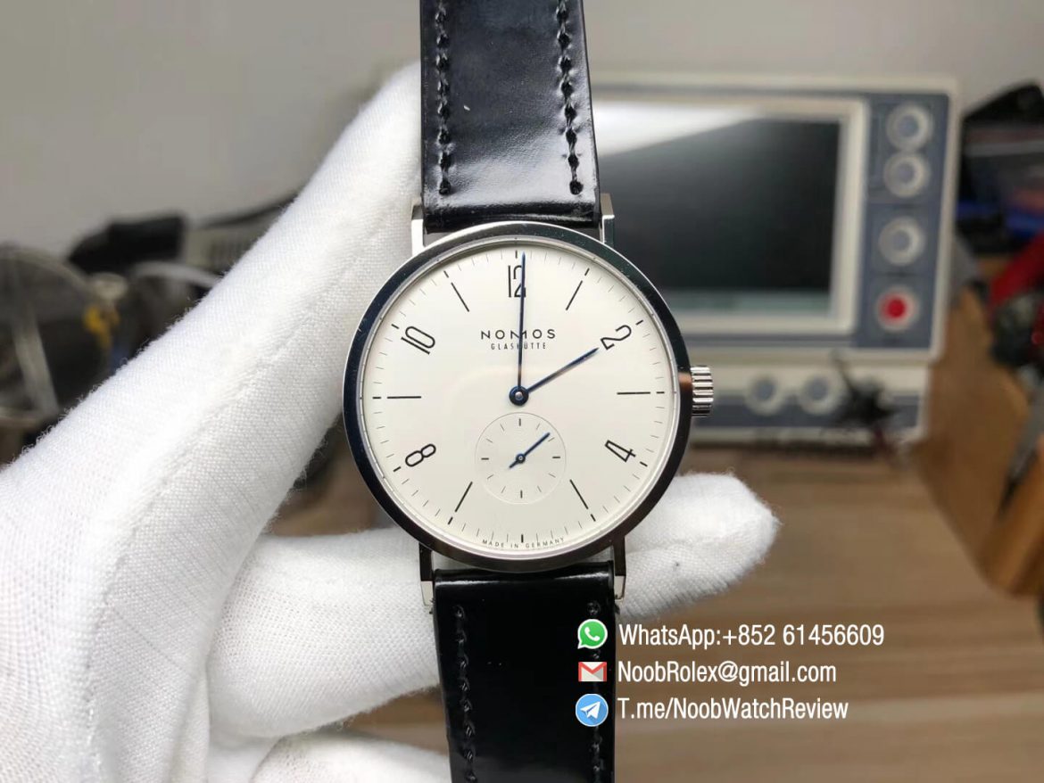 GP Factory Top Replica Nomos Tangomat Nomos Tangente 38mm White Dial on Black Leather Strap A23J Automatic 01