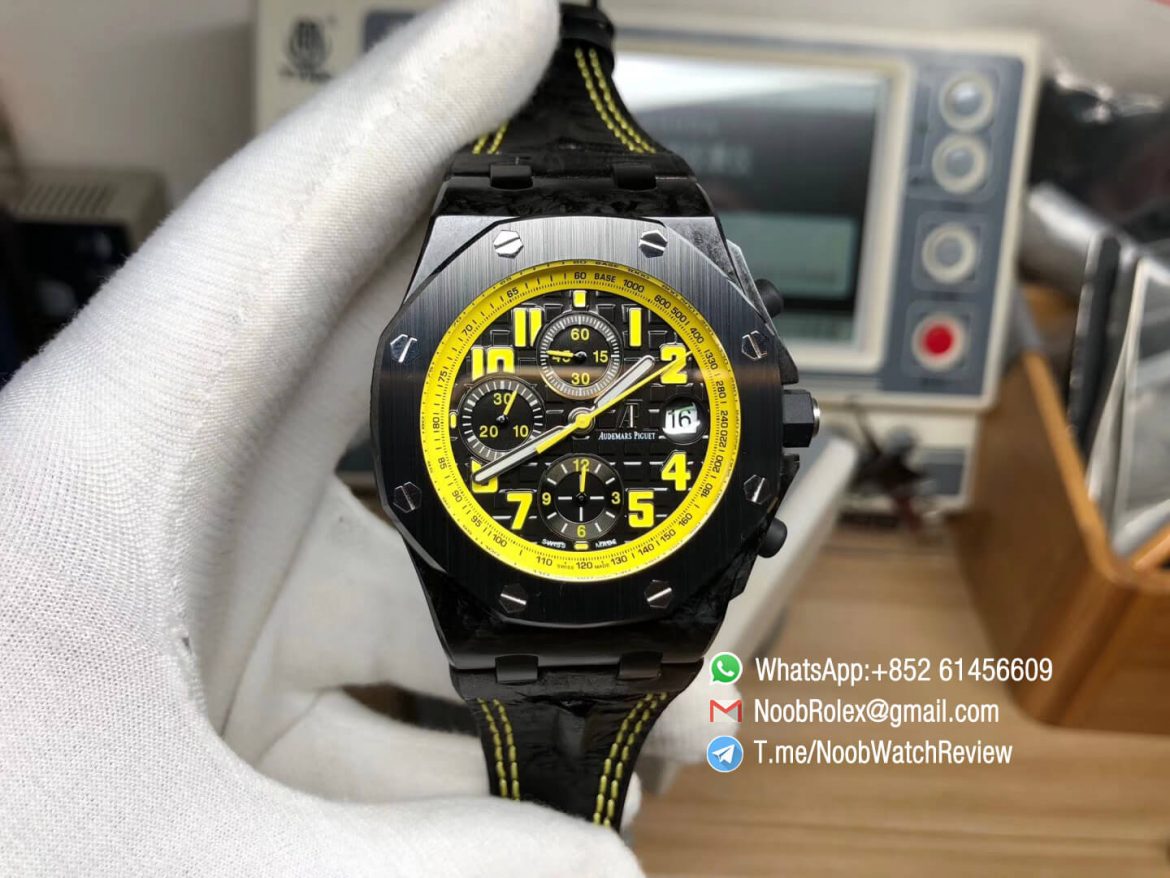 JF Best Edition Royal Oak Offshore Bumble Bee Forged Carbon on Black Hornback Leather Strap A7750 V2 01