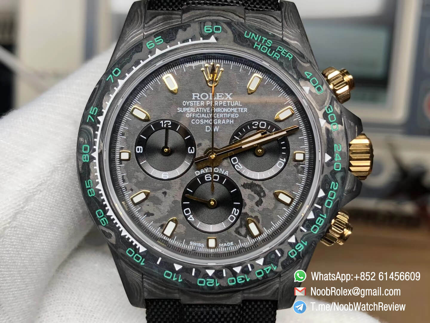 TWF High Quality Replica Daytona DIW Carbon Case and Bezel Black Dial with Yellow Gold Markers and Hands on Black Nylon Strap A7750 02