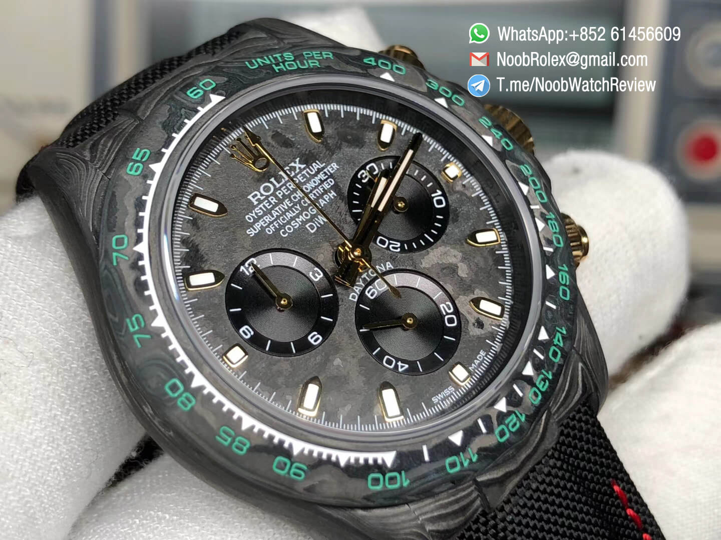 TWF High Quality Replica Daytona DIW Carbon Case and Bezel Black Dial with Yellow Gold Markers and Hands on Black Nylon Strap A7750 03