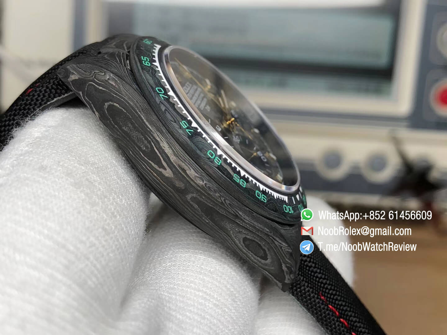 TWF High Quality Replica Daytona DIW Carbon Case and Bezel Black Dial with Yellow Gold Markers and Hands on Black Nylon Strap A7750 04