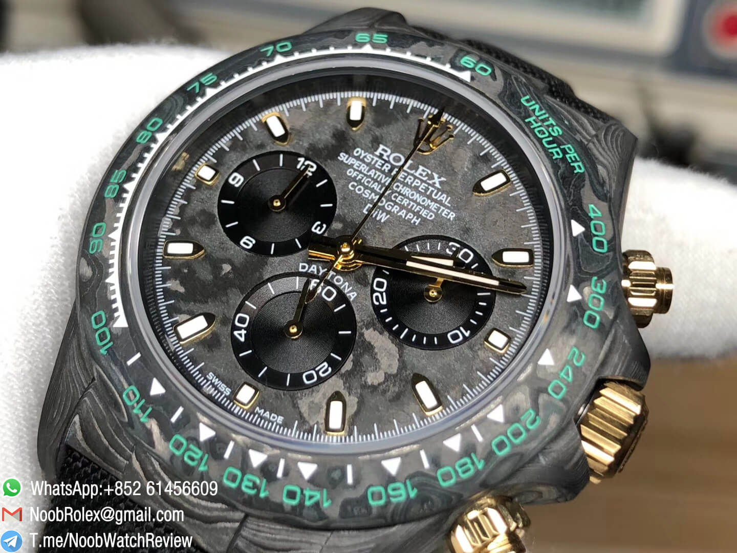 TWF High Quality Replica Daytona DIW Carbon Case and Bezel Black Dial with Yellow Gold Markers and Hands on Black Nylon Strap A7750 05