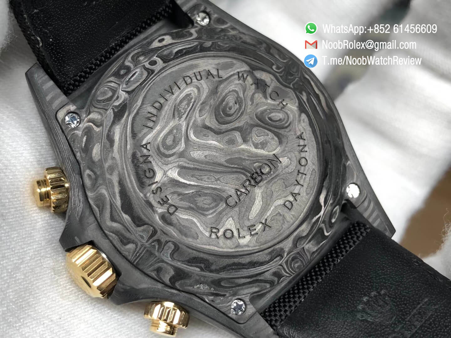 TWF High Quality Replica Daytona DIW Carbon Case and Bezel Black Dial with Yellow Gold Markers and Hands on Black Nylon Strap A7750 07