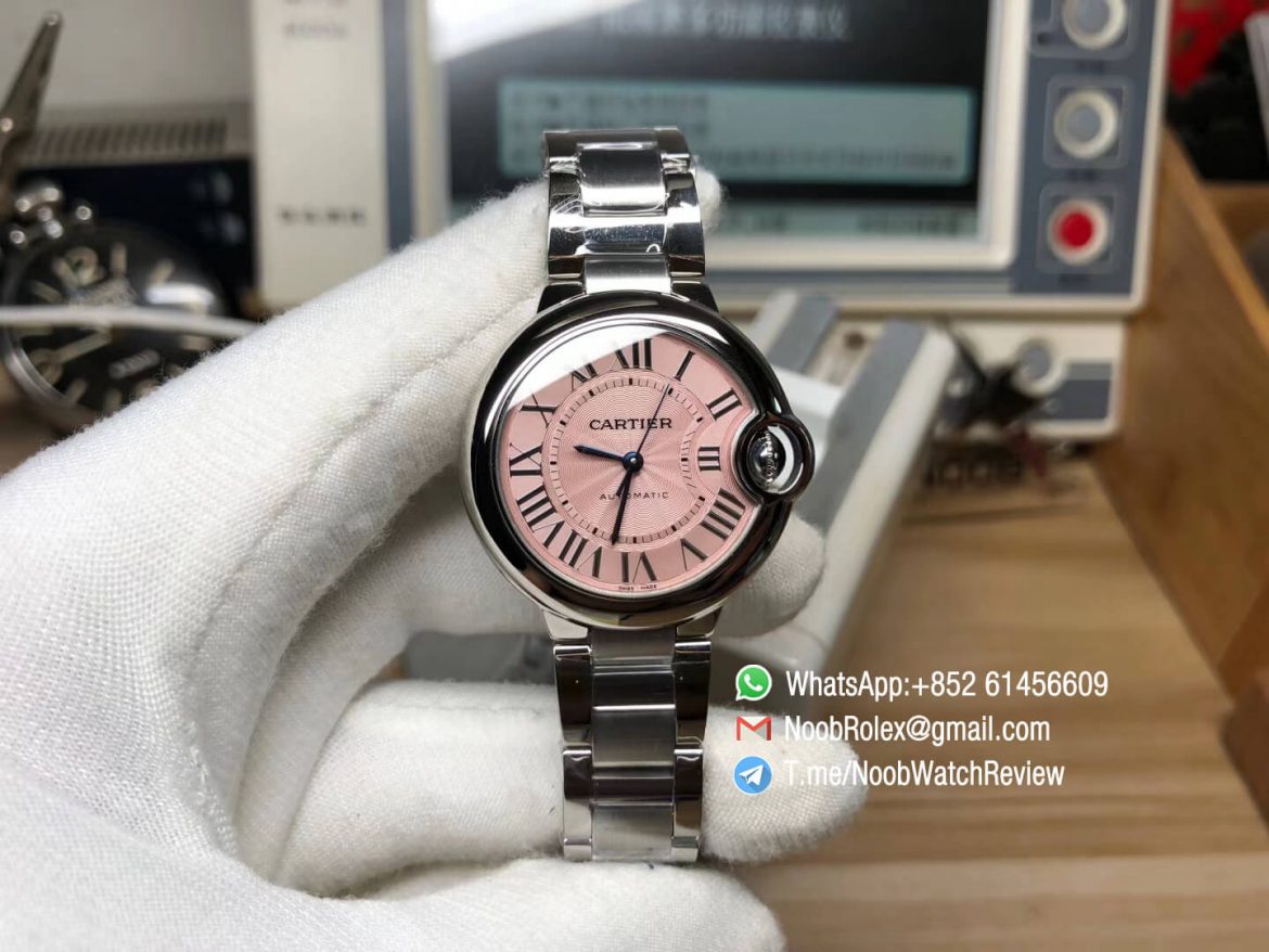 AF High Quality Rep Ballon Bleu De Cartier W6920100 33mm Swiss ETA 2671 Automatic Pink Textured Dial on Steel Case Bracelet 01