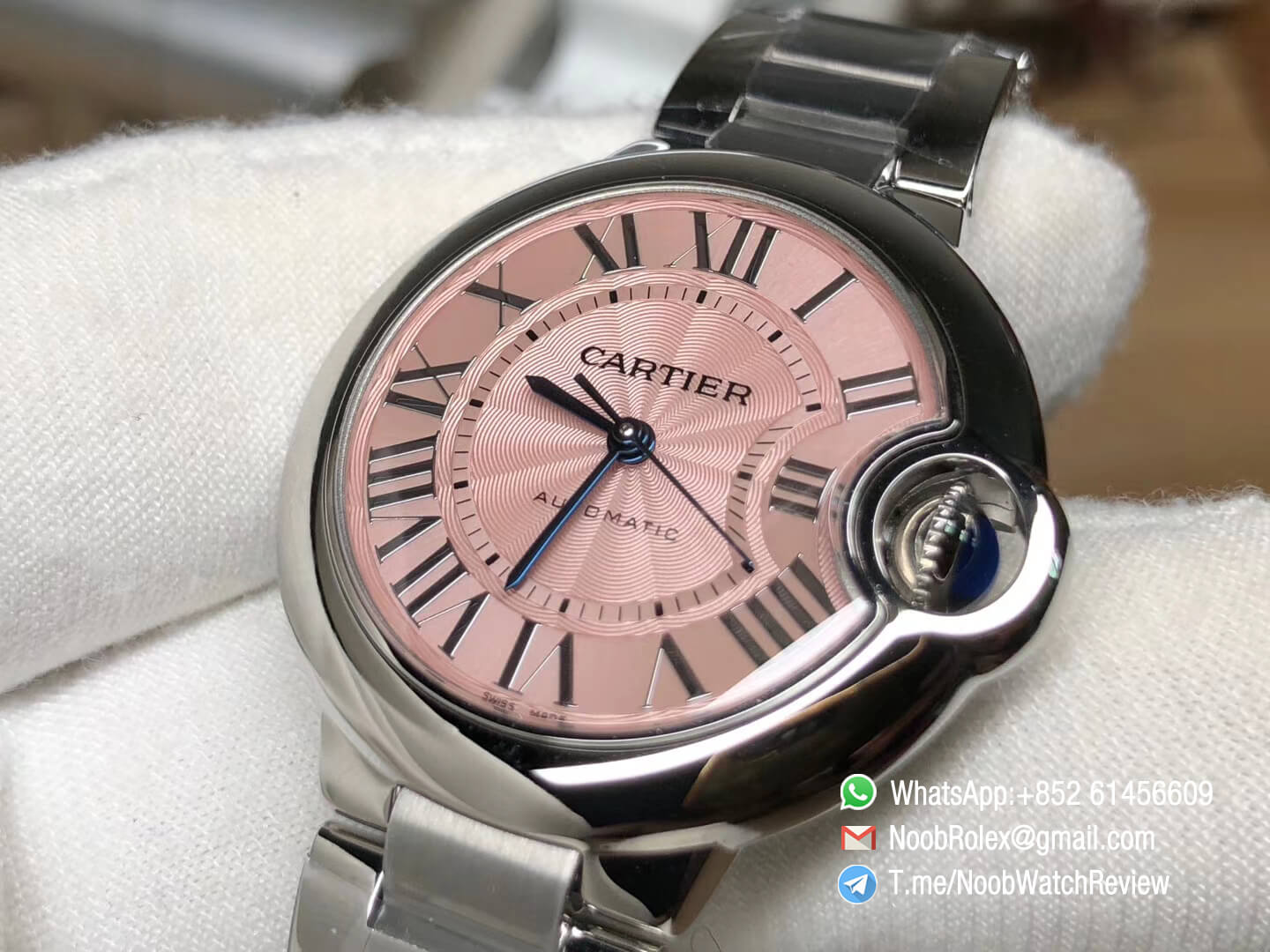AF High Quality Rep Ballon Bleu De Cartier W6920100 33mm Swiss ETA 2671 Automatic Pink Textured Dial on Steel Case Bracelet 05
