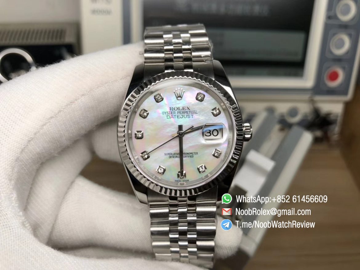 EWF Top Quality Rolex DateJust 36 Steel Case 126234 White MOP Dial with Diamonds Markers on Jubilee Bracelet A3235 01