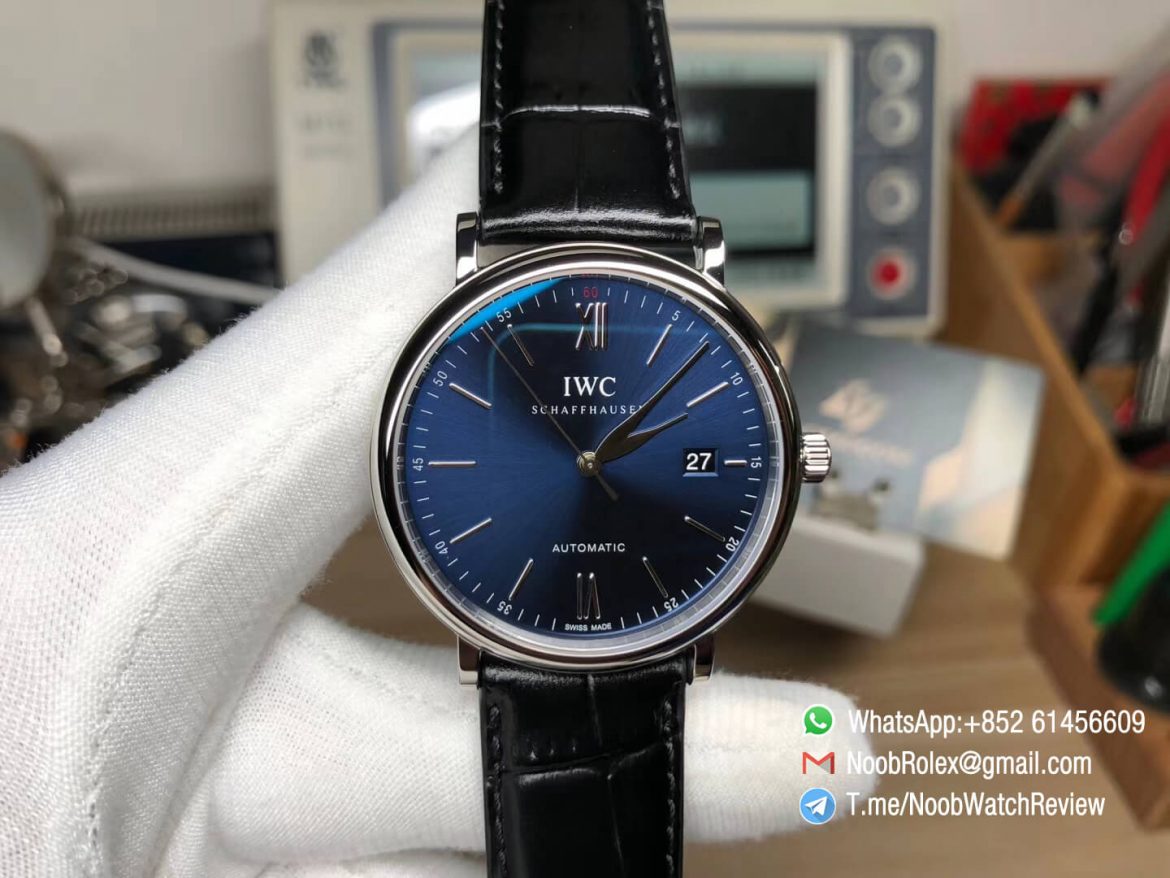 MKS Replica Swiss Watch IWC Portofino IW356512 Automatic Stainless Steel Case Blue Dial on Black Leather Strap A2892 01