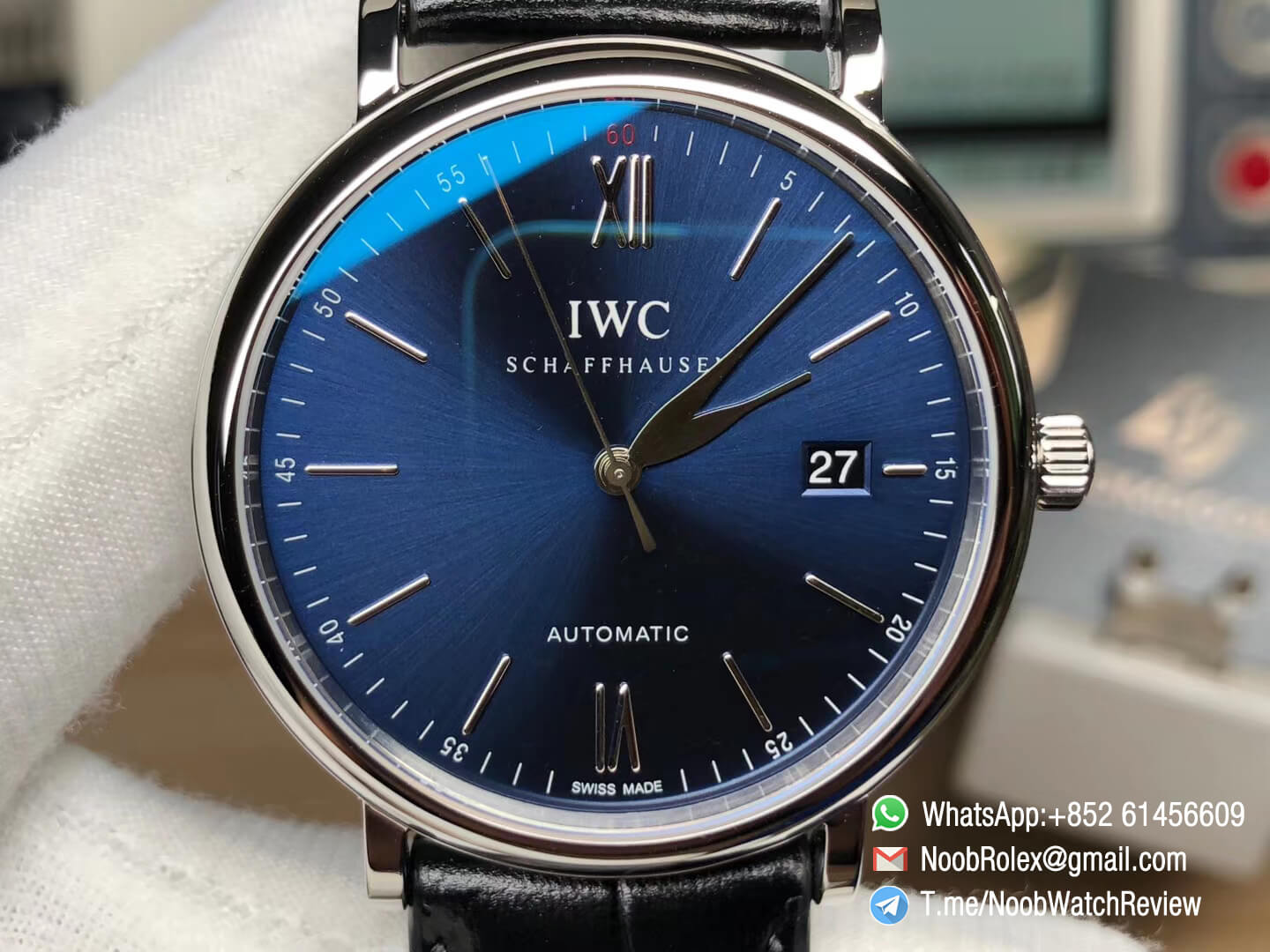 MKS Replica Swiss Watch IWC Portofino IW356512 Automatic Stainless Steel Case Blue Dial on Black Leather Strap A2892 02