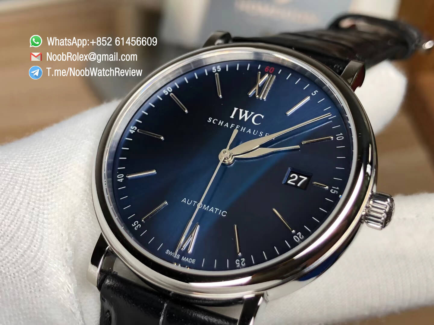 MKS Replica Swiss Watch IWC Portofino IW356512 Automatic Stainless Steel Case Blue Dial on Black Leather Strap A2892 05