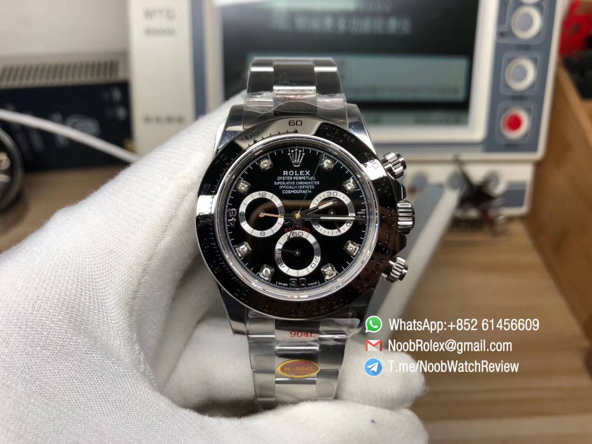 Noob Factory Rolex Daytona 116509 904L Stainlees Steel Case and Bracelet Black Dial Diamonds Markers SA4130 V3 01