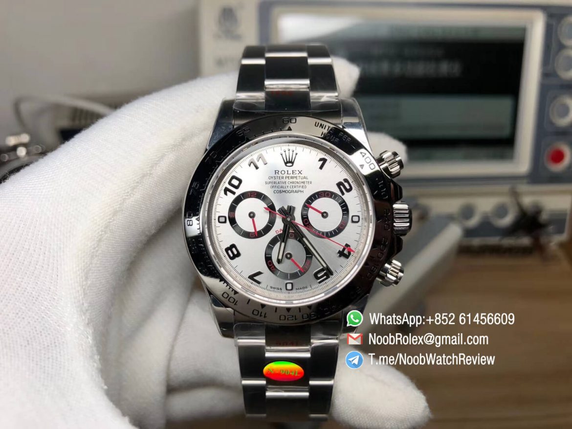 Noob Watches Rolex Daytona 116509 904L Stainless Steel Case and Bracelet Silver Dial with Red Hands SA4130 V3 01