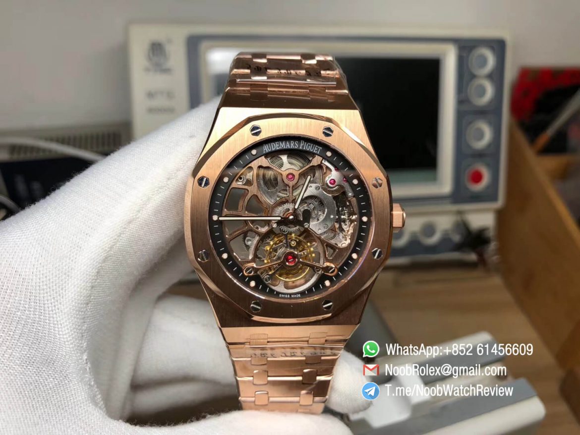 R8F RepWatch AP Royal Oak 26518OR V2 Real Tourbillon 18K Rose Gold Case Bracelet Skeleton Dial Seagull Movement 01