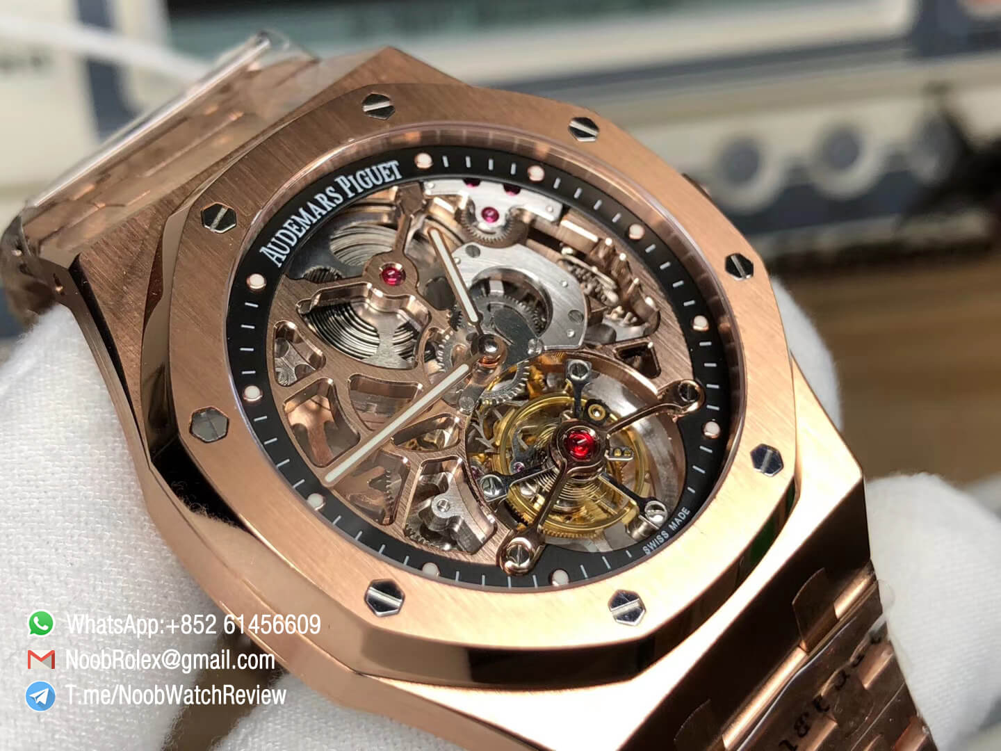 R8F RepWatch AP Royal Oak 26518OR V2 Real Tourbillon 18K Rose Gold Case Bracelet Skeleton Dial Seagull Movement 03