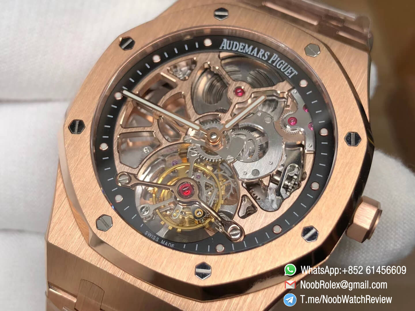 R8F RepWatch AP Royal Oak 26518OR V2 Real Tourbillon 18K Rose Gold Case Bracelet Skeleton Dial Seagull Movement 05
