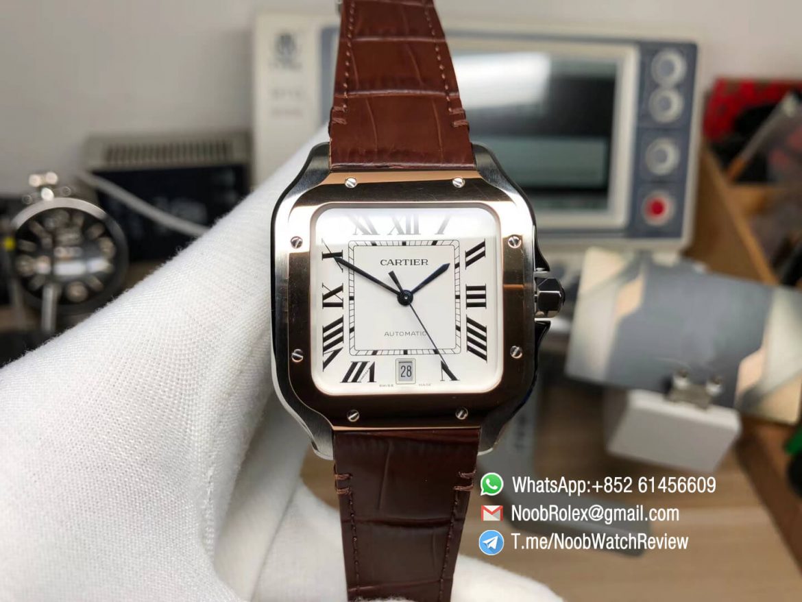 V6F Santos De Cartier 40mm Mens White Dial Steel Case Rose Gold Bezel wtih Brown Leather Strap Miyota 9015 Movement 01