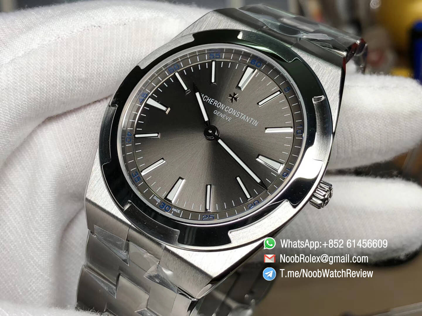 XF Sup Clone Overseas Ultra Thin 2000V Grey Dial with Stick Markers Superlume on Steel Case Bracelet A1120 09