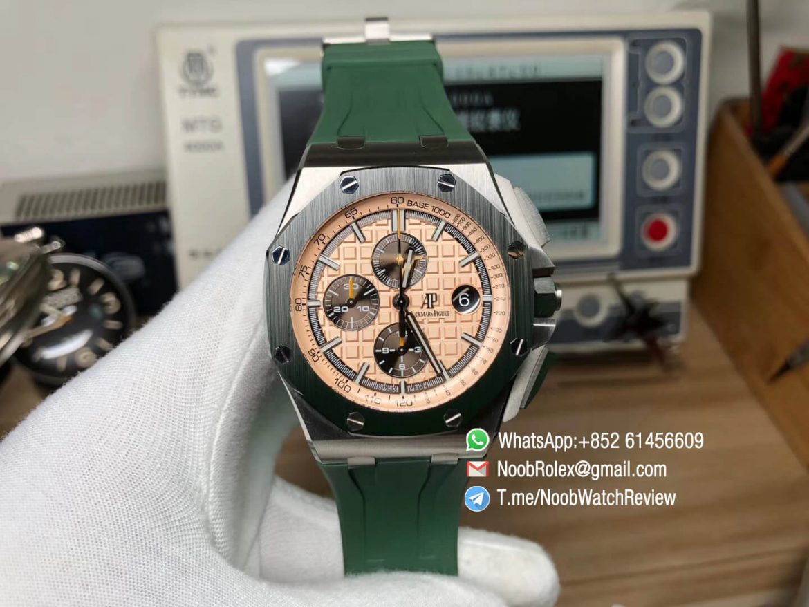 AP Royal Oak Offshore 2018 SIHH Combat 26400SO 44mm Ceramic Bezel Cream Dial Steel Case on Green Rubber Strap A3126 JF V2 01