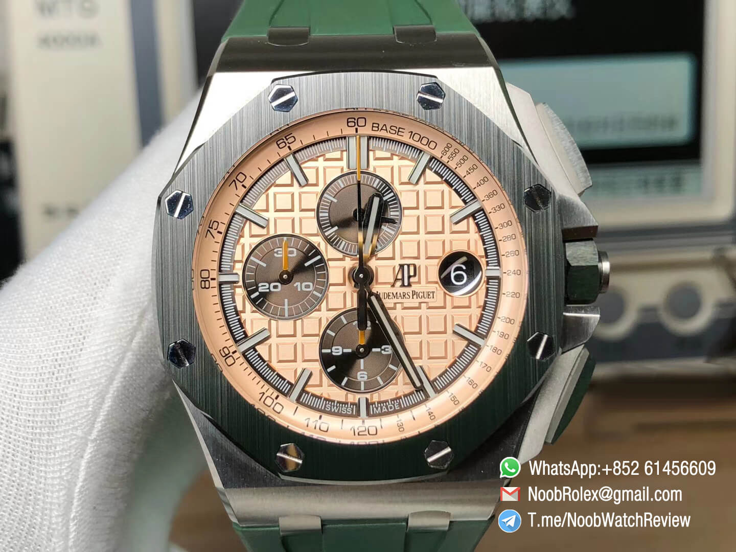 AP Royal Oak Offshore 2018 SIHH Combat 26400SO 44mm Ceramic Bezel Cream Dial Steel Case on Green Rubber Strap A3126 JF V2 02
