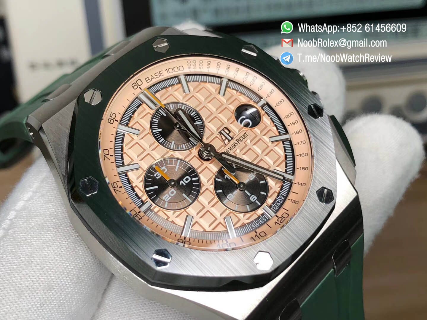 AP Royal Oak Offshore 2018 SIHH Combat 26400SO 44mm Ceramic Bezel Cream Dial Steel Case on Green Rubber Strap A3126 JF V2 03