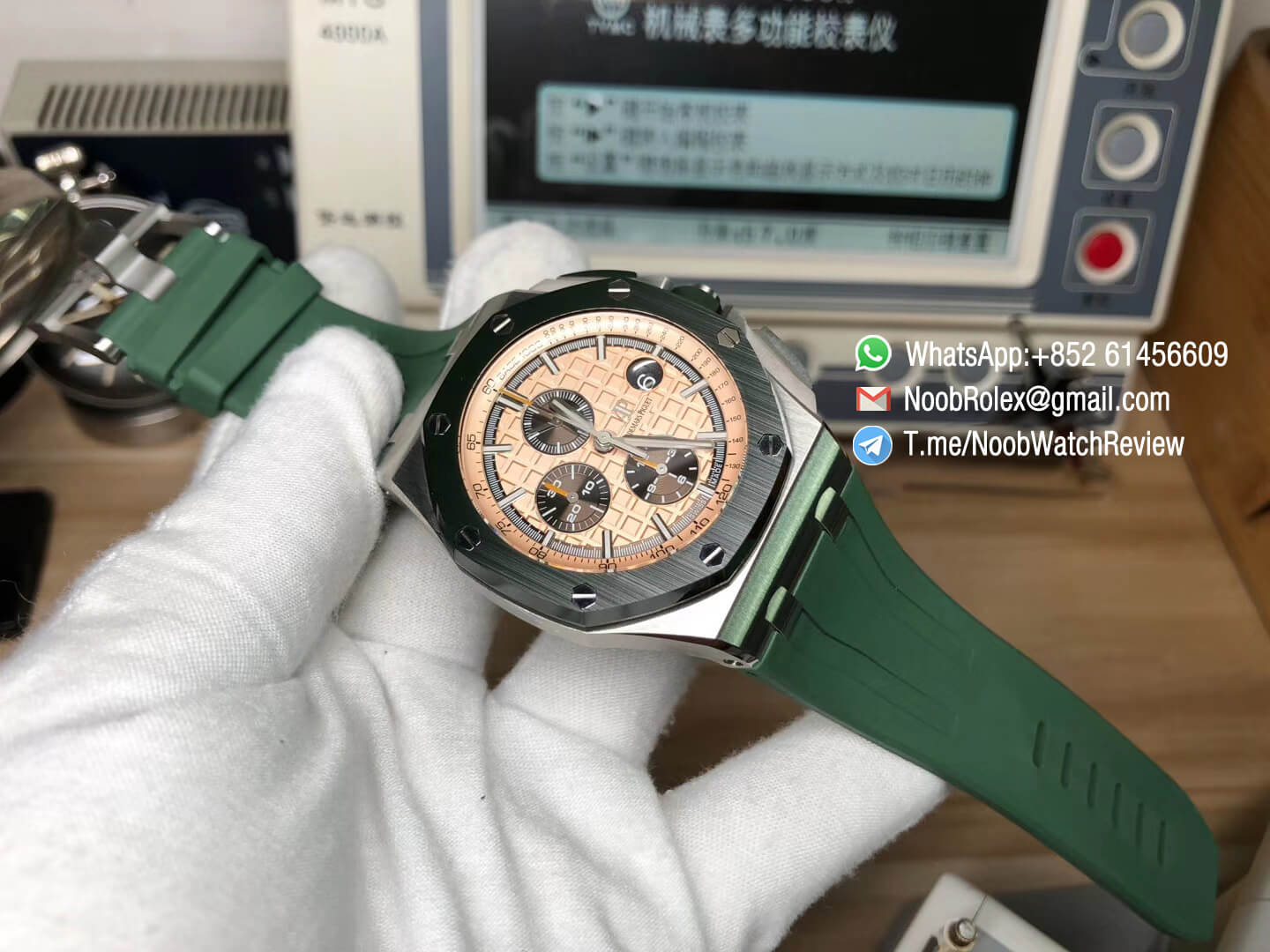 AP Royal Oak Offshore 2018 SIHH Combat 26400SO 44mm Ceramic Bezel Cream Dial Steel Case on Green Rubber Strap A3126 JF V2 09