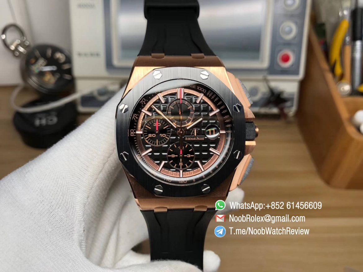 AP Royal Oak Offshore 26401RO 44mm 2017 Black Ceramic Bezel Rose Gold Case on Black Rubber Strap A3126 JF V2 01