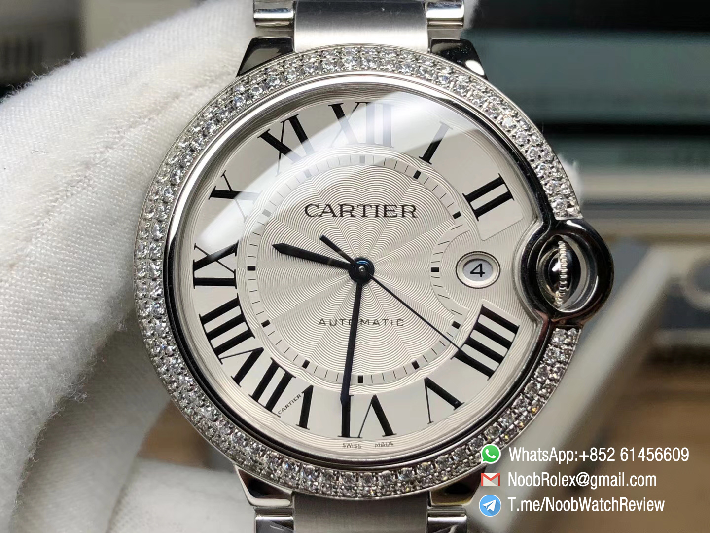 Ballon Bleu 42mm W69012Z4 Automatic Stainles Steel Case Bracelet Silver Textured Dial Diamonds Bezel A2824 V6F 02