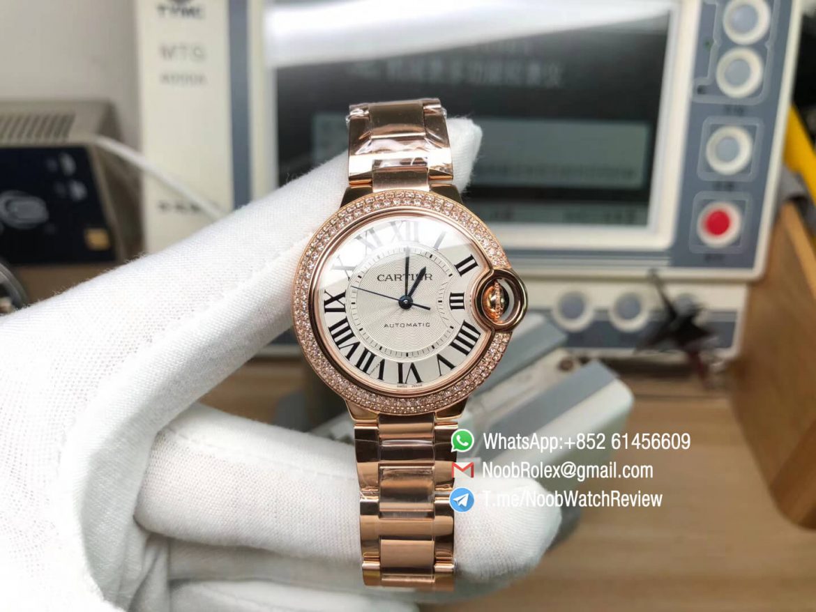 Ballon Bleu W6920071 33MM Lady Watch Automatic Rose Gold Case Bracelet Silver Textured Dial Diamonds Bezel NH05 V6F 01