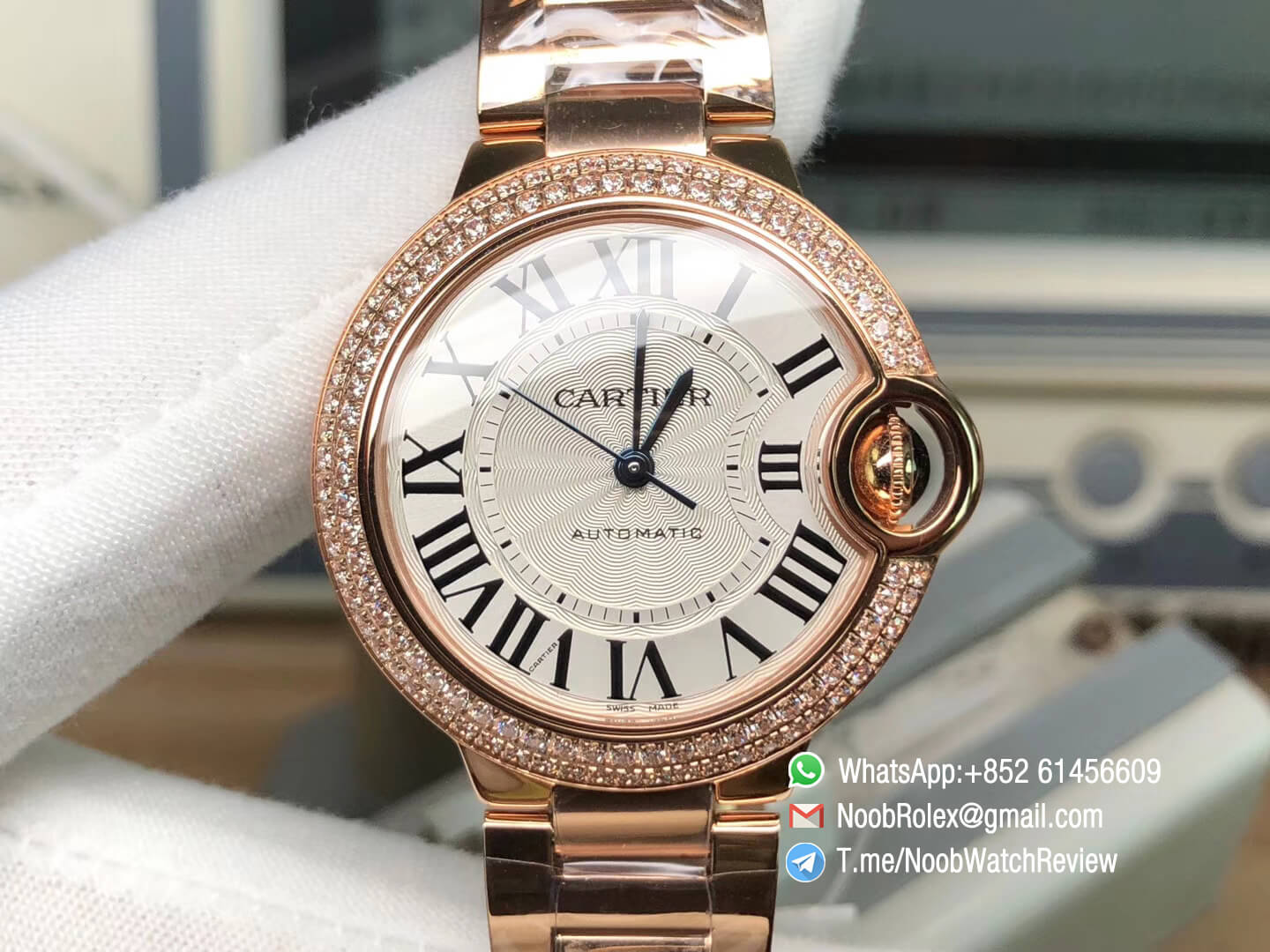 Ballon Bleu W6920071 33MM Lady Watch Automatic Rose Gold Case Bracelet Silver Textured Dial Diamonds Bezel NH05 V6F 02