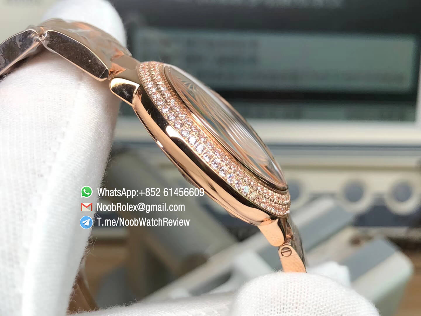 Ballon Bleu W6920071 33MM Lady Watch Automatic Rose Gold Case Bracelet Silver Textured Dial Diamonds Bezel NH05 V6F 04