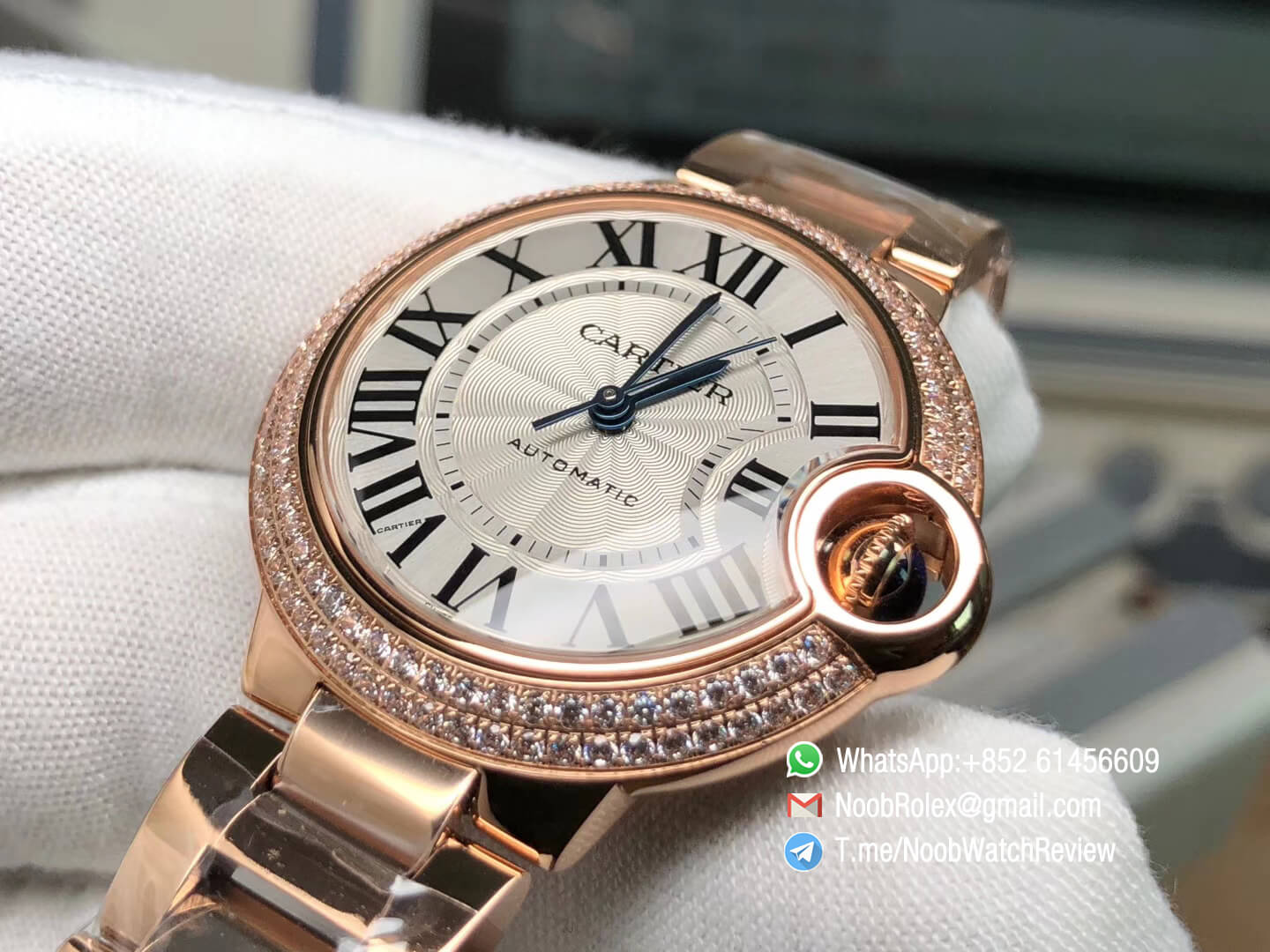 Ballon Bleu W6920071 33MM Lady Watch Automatic Rose Gold Case Bracelet Silver Textured Dial Diamonds Bezel NH05 V6F 05