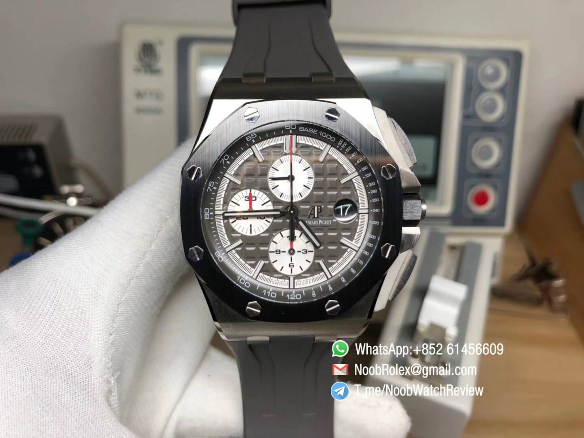 JF Sup Clone Royal Oak Offshore 44mm 26400IO 2017 Ceramic Bezel Titanium Case Black Dial On Grey Rubber Strap A3126 01