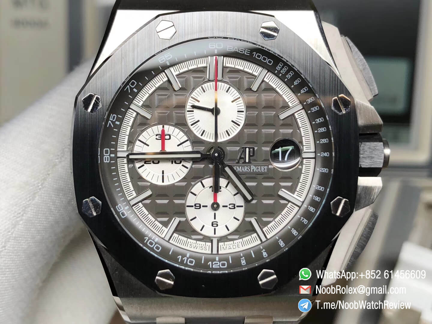 JF Sup Clone Royal Oak Offshore 44mm 26400IO 2017 Ceramic Bezel Titanium Case Black Dial On Grey Rubber Strap A3126 02
