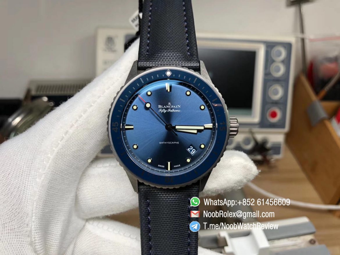 Quality Rep Fifty Fathoms Bathyscaphe Ceramic Case Blue Dial on Blue Sail Canvas Strap A1315 GF Best Edition 01