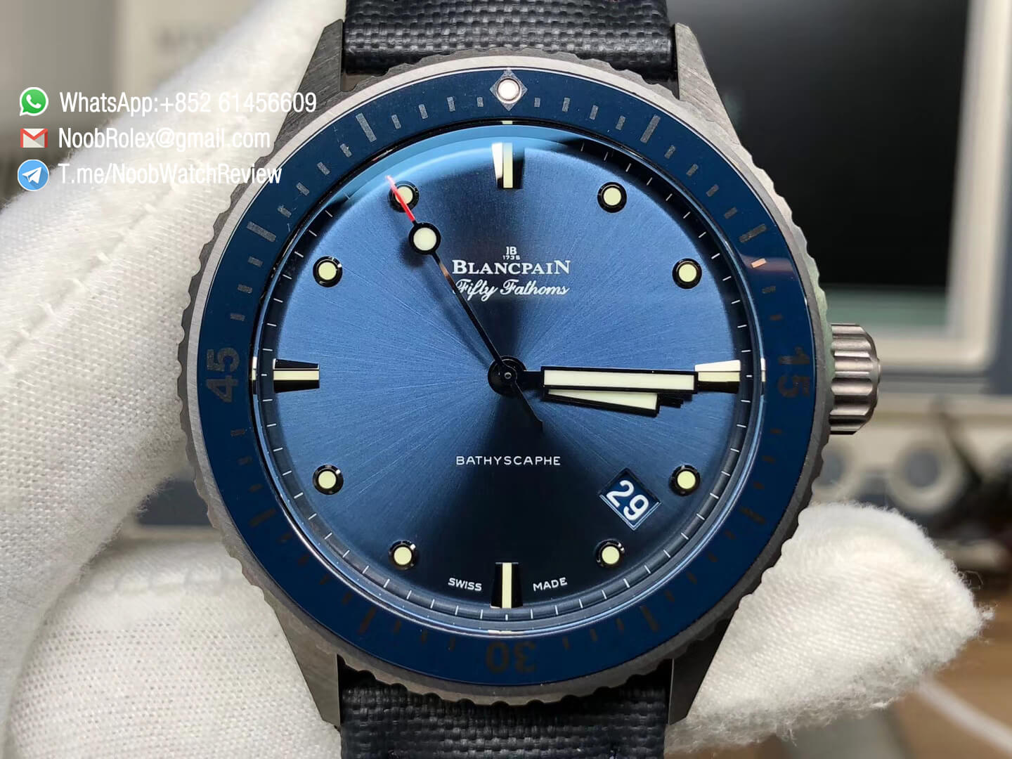Quality Rep Fifty Fathoms Bathyscaphe Ceramic Case Blue Dial on Blue Sail Canvas Strap A1315 GF Best Edition 02