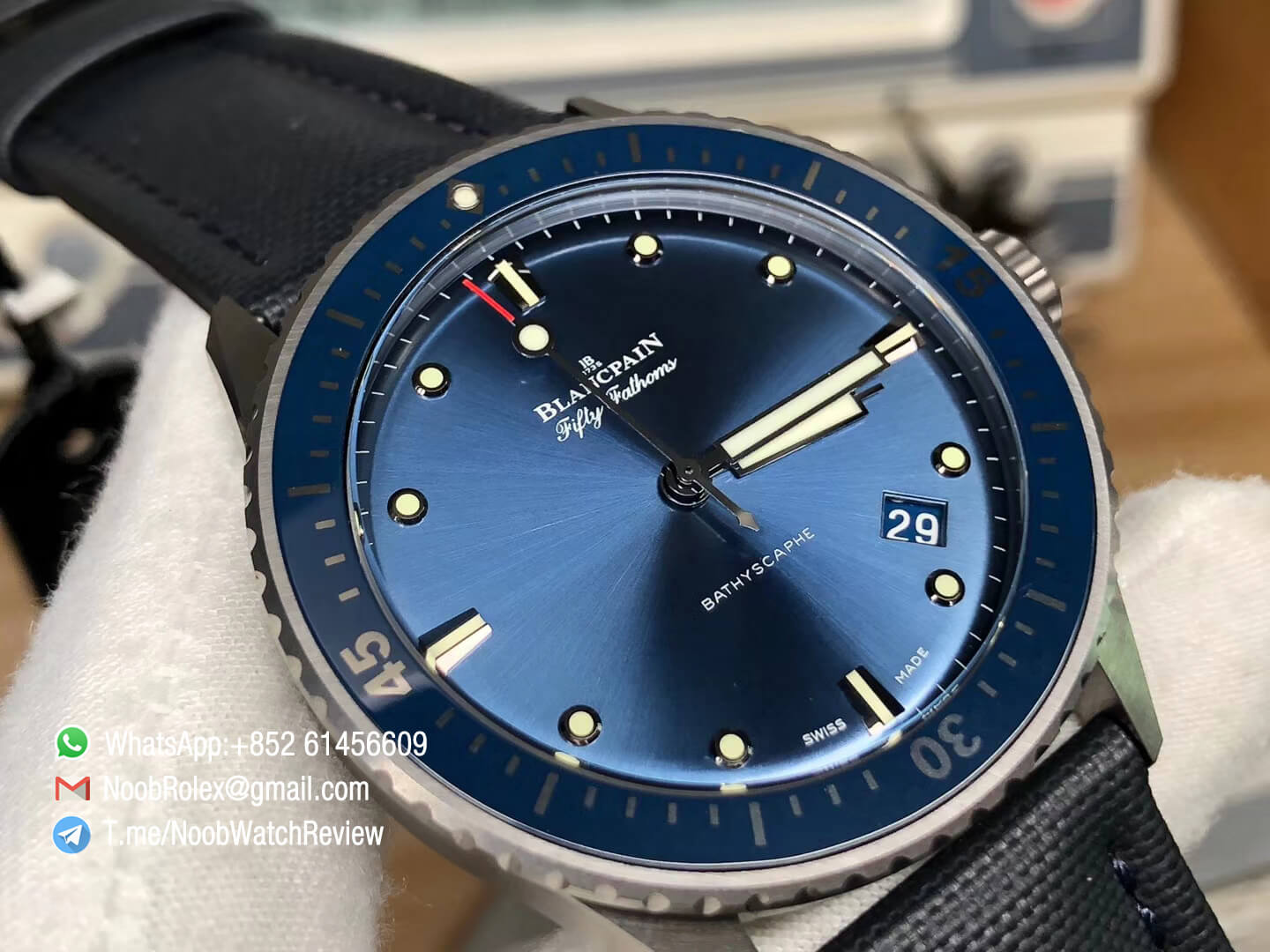 Quality Rep Fifty Fathoms Bathyscaphe Ceramic Case Blue Dial on Blue Sail Canvas Strap A1315 GF Best Edition 03