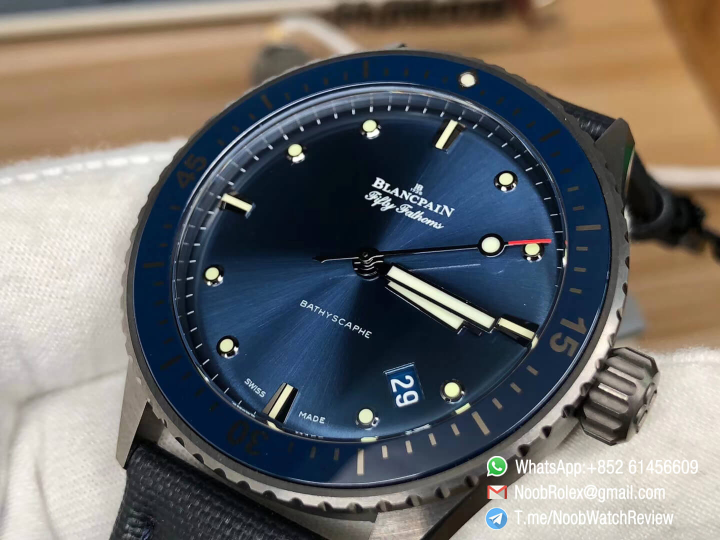 Quality Rep Fifty Fathoms Bathyscaphe Ceramic Case Blue Dial on Blue Sail Canvas Strap A1315 GF Best Edition 05