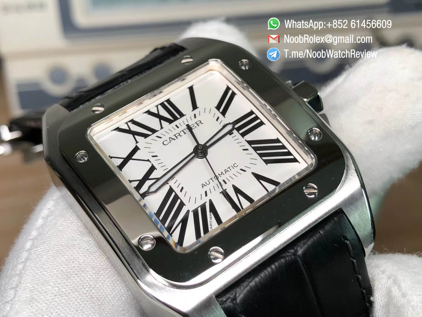 Santos 100 38mm Stainless Steel Case White Dial on Black Leather Strap A2824 V6F 03