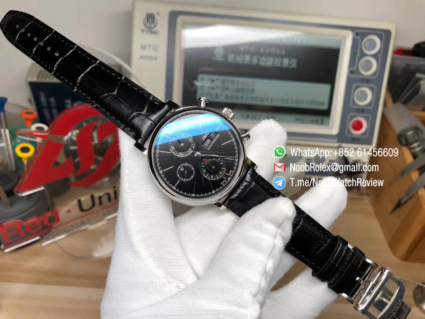 Sup Rep IWC Portofino Chrono IW391008 42mm Automatic Day Date Steel Case Black Dial on Black Leather Strap A7750 09