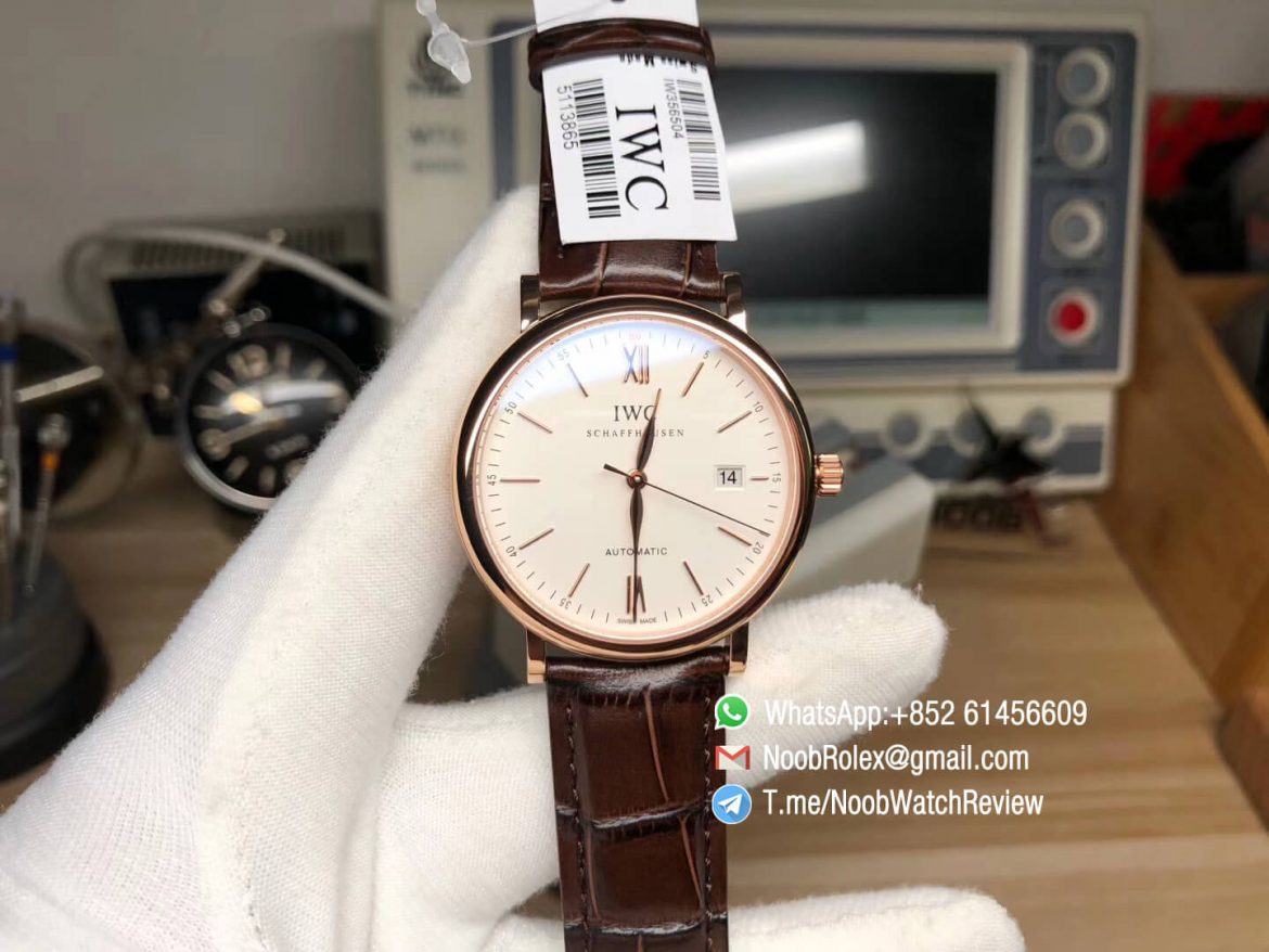 Top Rep IWC Portofino IW356504 Automatic Rose Gold Plated White Dial on Brown Leather Strap Miyota 9015 MKF V5 01