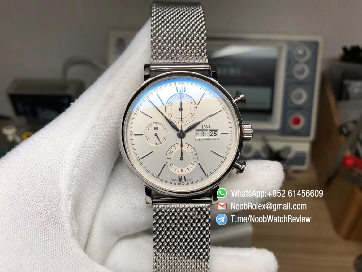 Top Rep Portofino Chronograph IW391009 42mm Steel Case White Dial Day Date on Steel Mesh Bracelet A7750 Automatic 01