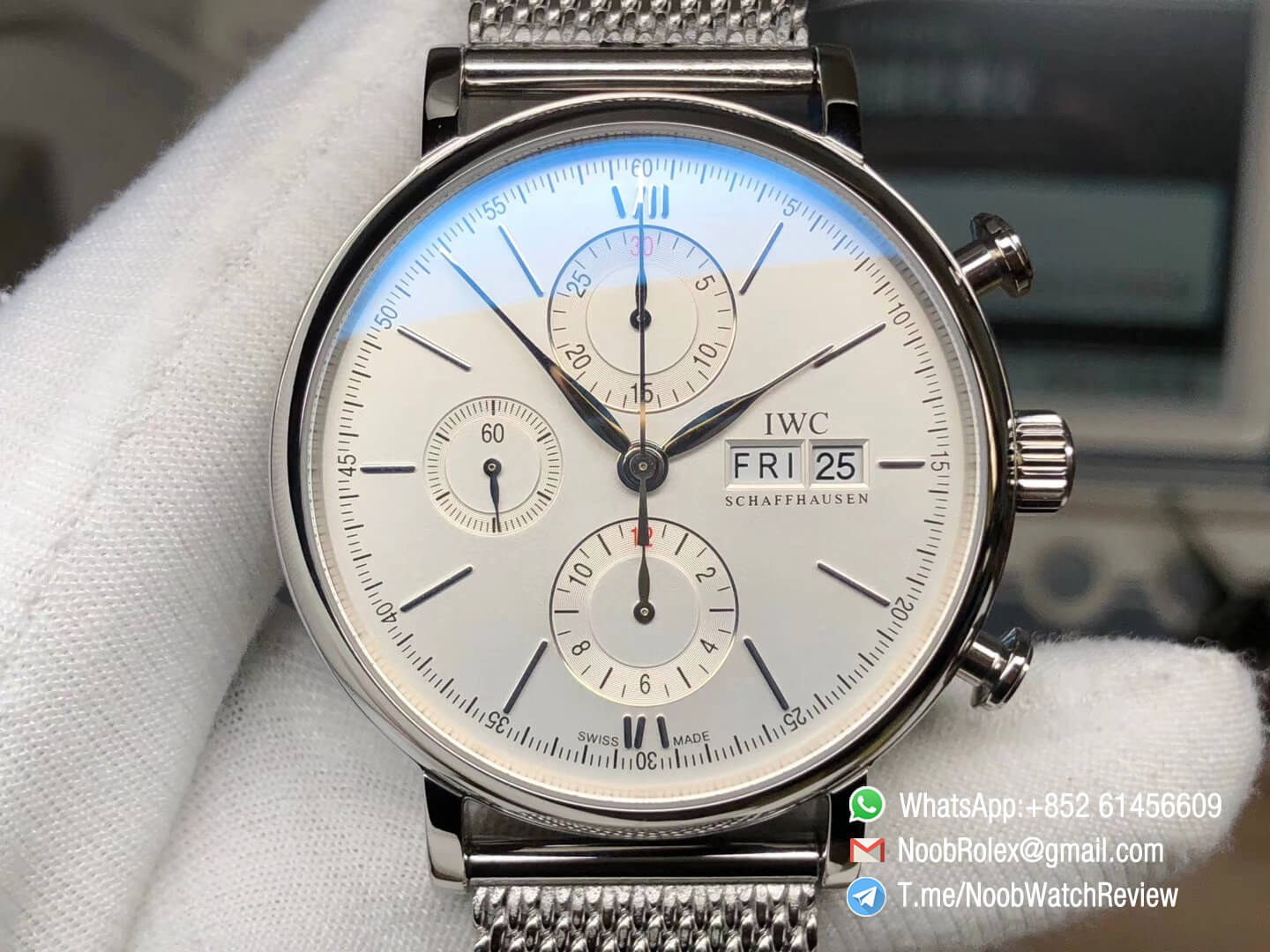 Top Rep Portofino Chronograph IW391009 42mm Steel Case White Dial Day Date on Steel Mesh Bracelet A7750 Automatic 02