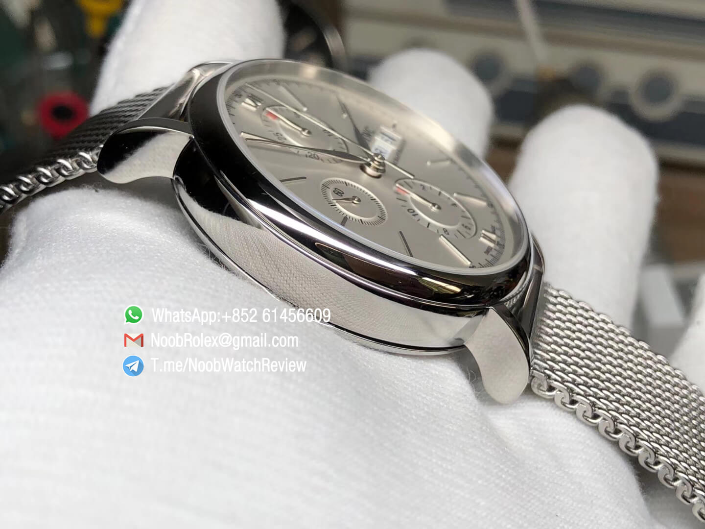 Top Rep Portofino Chronograph IW391009 42mm Steel Case White Dial Day Date on Steel Mesh Bracelet A7750 Automatic 04