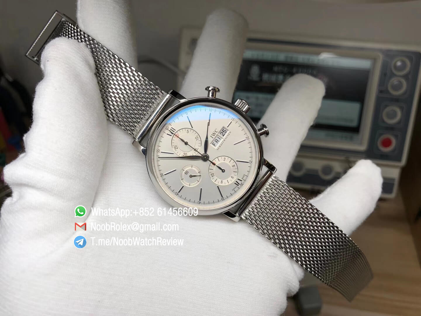 Top Rep Portofino Chronograph IW391009 42mm Steel Case White Dial Day Date on Steel Mesh Bracelet A7750 Automatic 09