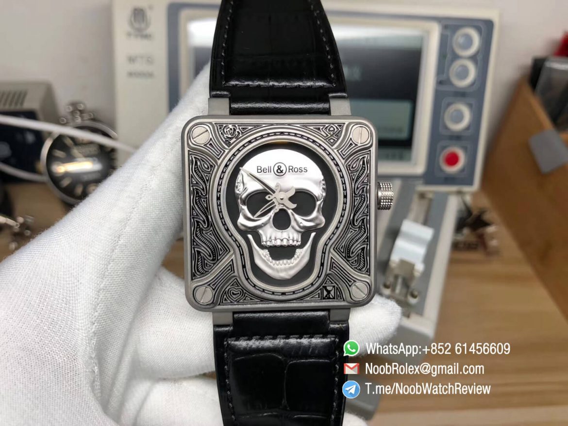 Bell Ross BR01 Silver Case Burning Skull Tattoo Watch Silver Dial on Black Leather Strap MIYOTA 9015 Top Quality Clone 01