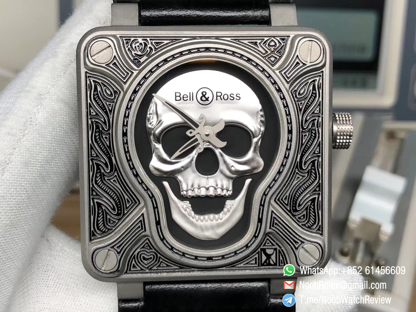Bell Ross BR01 Silver Case Burning Skull Tattoo Watch Silver Dial on Black Leather Strap MIYOTA 9015 Top Quality Clone 02