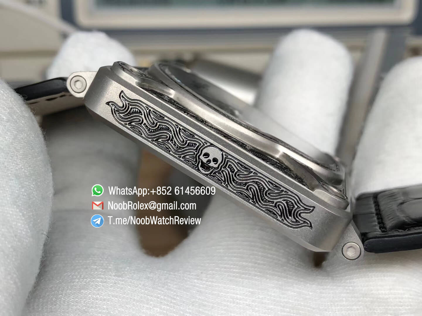 Bell Ross BR01 Silver Case Burning Skull Tattoo Watch Silver Dial on Black Leather Strap MIYOTA 9015 Top Quality Clone 04