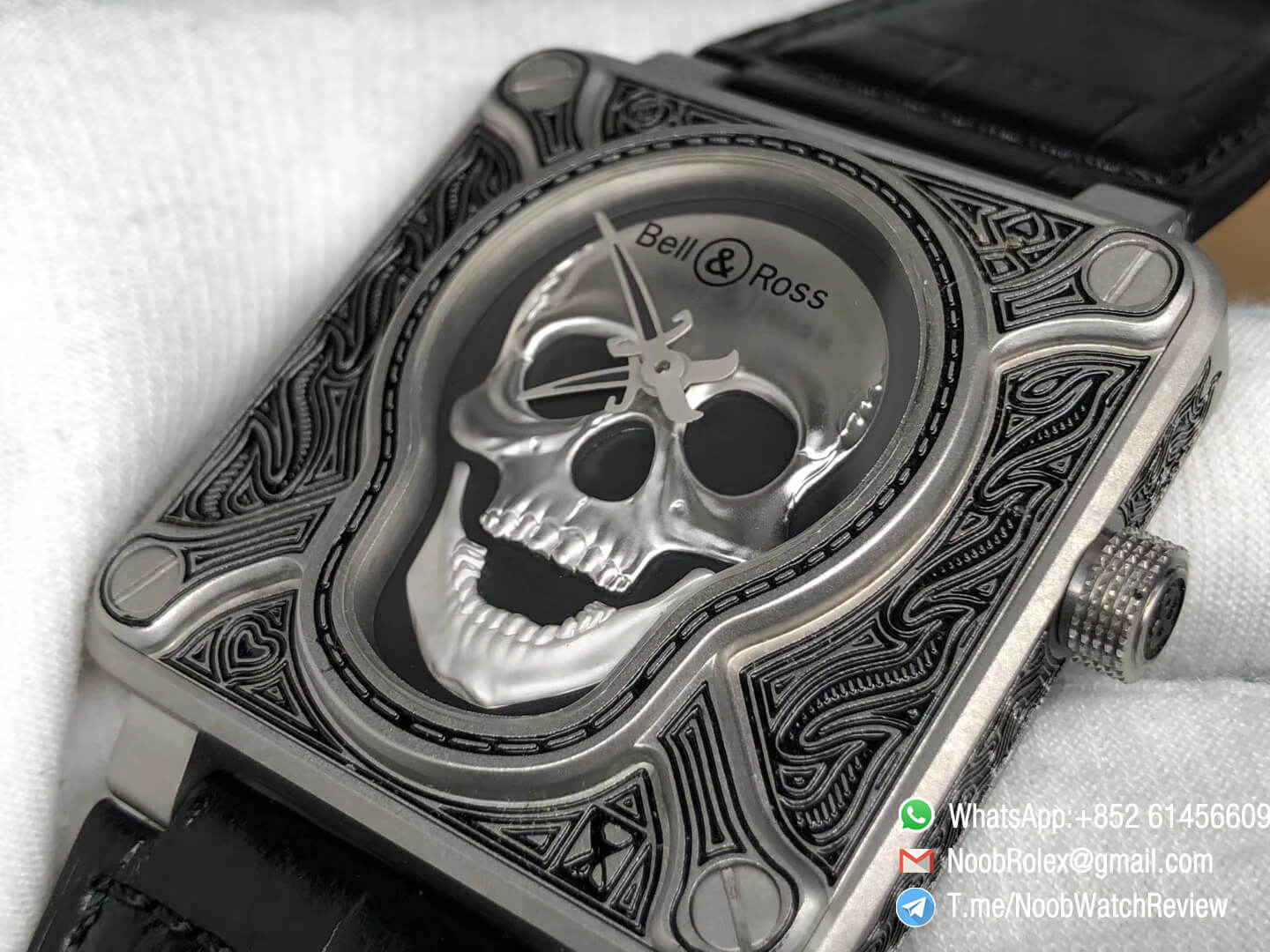 Bell Ross BR01 Silver Case Burning Skull Tattoo Watch Silver Dial on Black Leather Strap MIYOTA 9015 Top Quality Clone 05