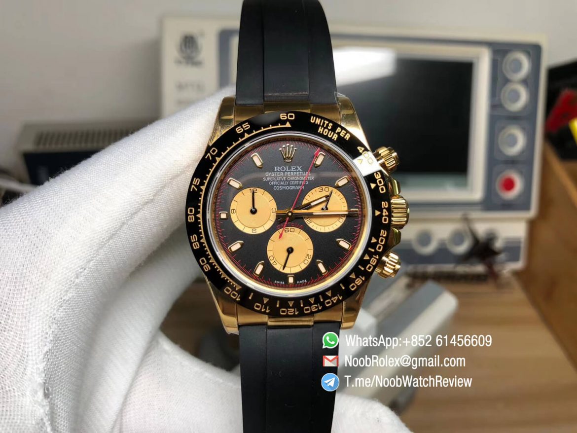 Noob Rolex Daytona 116508 Paul Newman 18K Yellow Gold Plated on 904L Steel Case Black Dial Gold Chrono Sub Dial Rubber Strap SA4130 V3 01