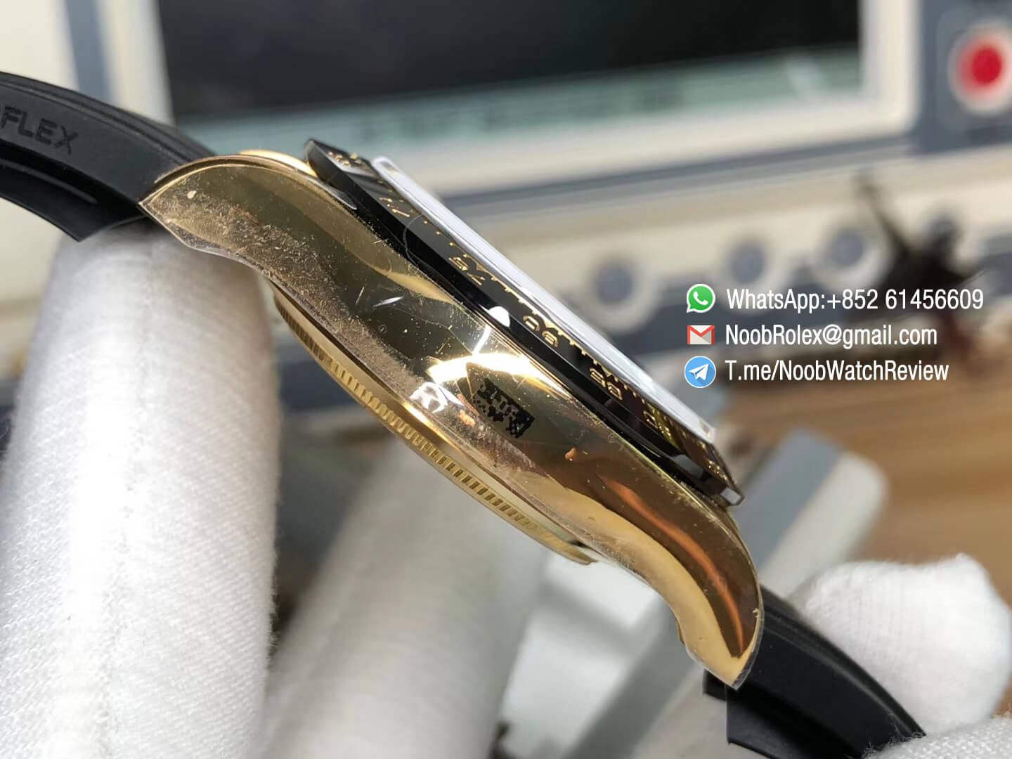 Noob Rolex Daytona 116508 Paul Newman 18K Yellow Gold Plated on 904L Steel Case Black Dial Gold Chrono Sub Dial Rubber Strap SA4130 V3 04